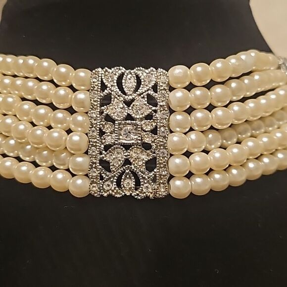Vintage Jewelry - Vintage Eduardian Style Multistrand Faux Pearl Diamond Choker Necklace